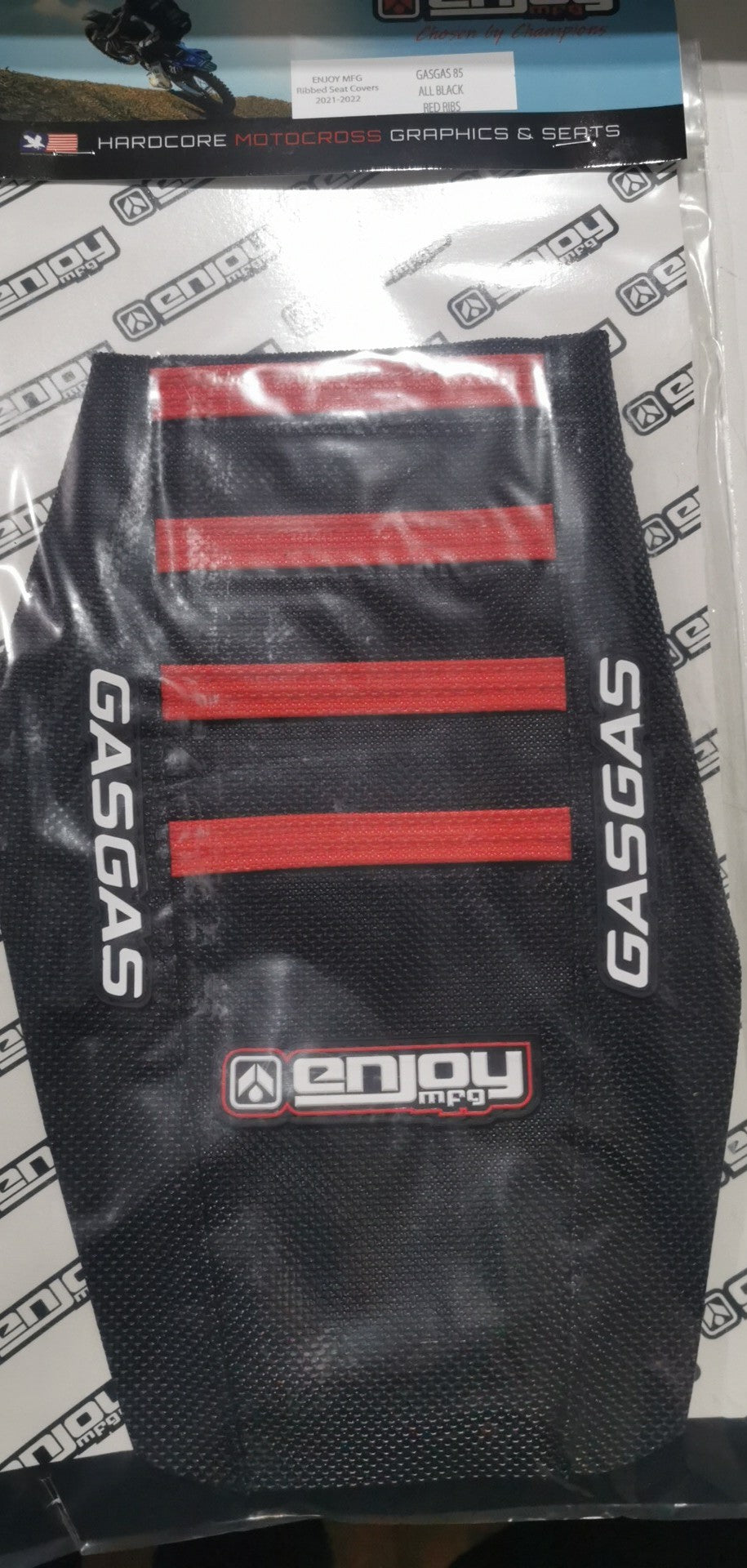 Enjoy Manufacturing Gas Gas seat cover MC 85 2025 Ribbed Logo, Black / Red